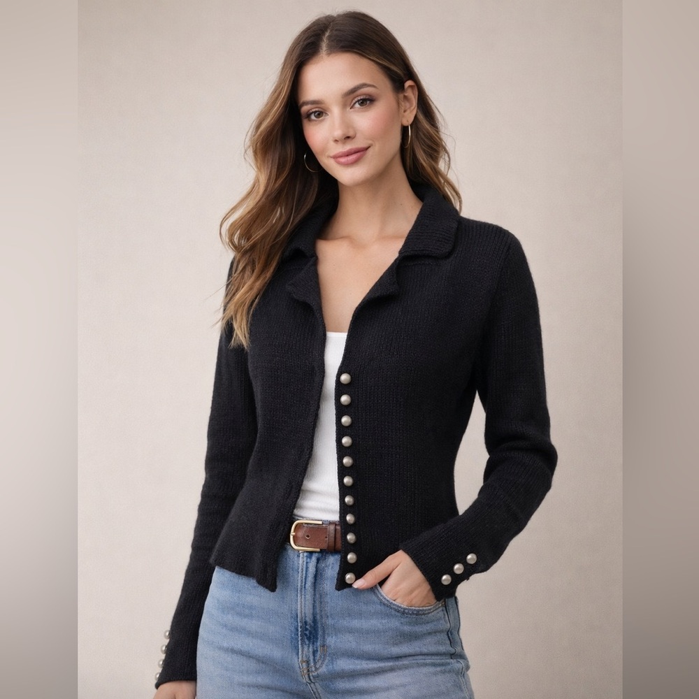 Pure & Co Black Black Button-Front Knit Cardigan Sweater women’s XS-S